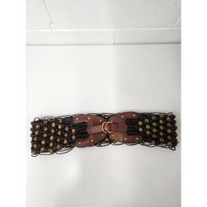 AK Anne Klein Women's Genuine Leather & Wood Beaded Wide Belt, Size M/L In Brown